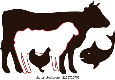 Buffalo Sheep Chicken Fish Clipart Design Layout for Meat - (Editable file) - Vector Illustration