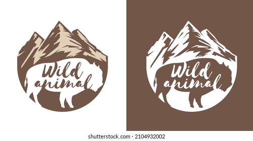 Buffalo silhouette with mountain in vintage hand drawn style. Abstract composition isolated on simple background. Color and monochrome template for print, label, emblem, badge. Vector illustration.