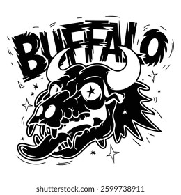 Buffalo skull in black and white with word on top and stars around