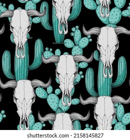 Buffalo Skull and cactus hand drawn illustration. Seamless pattern. Wild west print. Vector illustration. Tattoo vintage print. Buffalo Skull and cacti on black background.