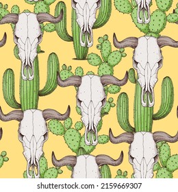 Buffalo Skull and cactus hand drawn illustration. Seamless pattern. Wild west print. Vector illustration. Tattoo vintage print. Buffalo Skull and cacti background.