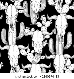 Buffalo Skull and cactus sketch, hand drawn illustration. Seamless pattern. Wild west print. Vector illustration. Tattoo vintage print. Buffalo Skull and cacti background.