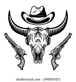 Calavera de búfalo, sombrero de vaquero y dos pistolas ilustraciones vectoriales aisladas en fondo blanco