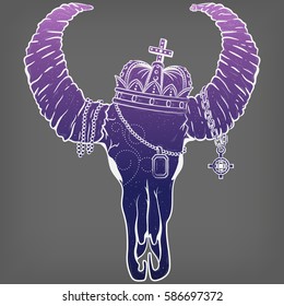 Buffalo Skull in a crown. Print. Purple skull bison. Space. Vector illustration 