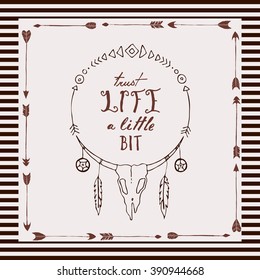 Buffalo skull decorative hand drawn boho illustration card.