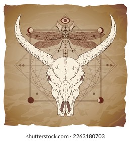Buffalo skull, dragonfly and Sacred geometric symbol on vintage paper background with torn edges. Abstract mystic sign. Image in sepia and red color.