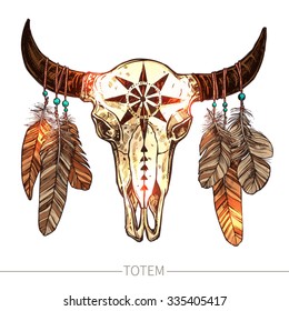 Buffalo Skull With Feathers. Color Illustration. Native American Totem