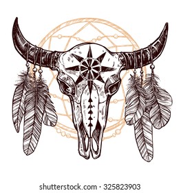 Buffalo Skull With Feathers And Dreamcatcher. Hand Drawn Sketch. Native American Totem