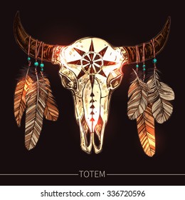 Buffalo Skull With Feathers. Native American Totem