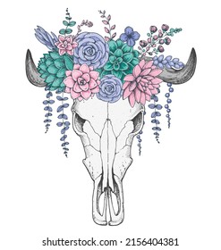 Buffalo Skull und Blumen handgezeichnet Illustration. Wilder Westdruck. Vektorgrafik. Tattoo Vintage Druck. Buffalo Schädel und Blumenstrauß. T-Shirt-Design.