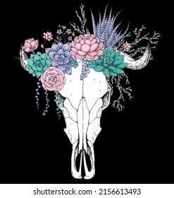 Buffalo Skull and flowers hand drawn illustration. Wild west print. Vector illustration. Tattoo vintage print. Buffalo Skull and floral bouquet. T-shirt design.