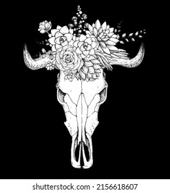 Buffalo Skull and flowers hand drawn illustration. Wild west print. Vector illustration. Tattoo vintage print. Buffalo Skull and floral bouquet. T-shirt design.