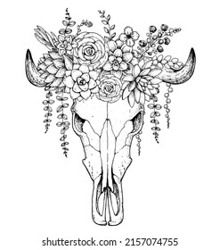 Buffalo Skull and flowers hand drawn illustration. Wild west print. Vector illustration. Tattoo vintage print. Buffalo Skull and floral bouquet. T-shirt design