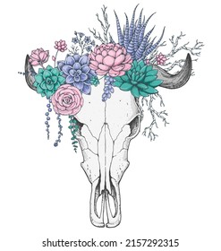 Buffalo Skull and flowers hand drawn illustration. Wild west print. Vector illustration. Tattoo vintage print. Buffalo Skull and floral bouquet. T-shirt design.