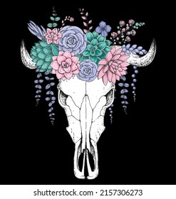 Buffalo Skull and flowers hand drawn illustration. Wild west print. Vector illustration. Tattoo vintage print. Buffalo Skull and floral bouquet. T-shirt design. Black background.