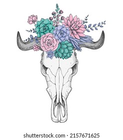 Buffalo Skull and flowers hand drawn illustration. Wild west print. Vector illustration. Tattoo vintage print. Buffalo Skull and floral bouquet. T-shirt design.