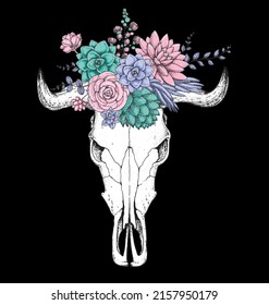 Buffalo Skull and flowers hand drawn illustration. Wild west print. Vector illustration. Tattoo vintage print. Buffalo Skull and floral bouquet. T-shirt design. Black background.