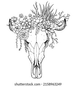 Buffalo Skull and flowers hand drawn illustration. Wild west print. Vector illustration. Tattoo vintage print. Buffalo Skull and floral bouquet. T-shirt design