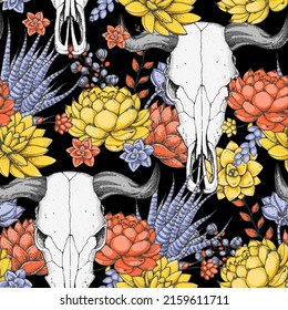 Buffalo Skull and flowers hand drawn illustration. Seamless pattern. Wild west print. Vector illustration. Tattoo vintage print. Buffalo Skull and floral bouquet.