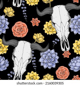 Buffalo Skull and flowers hand drawn illustration. Seamless pattern. Wild west print. Vector illustration. Tattoo vintage print. Buffalo Skull and floral bouquet.