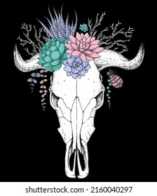 Buffalo Skull and flowers hand drawn illustration. Wild west print. Vector illustration. Tattoo vintage print. Buffalo Skull and floral bouquet. T-shirt design.