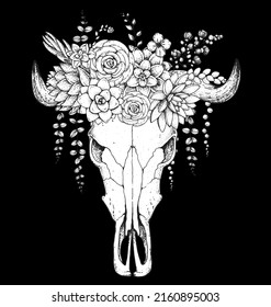 Buffalo Skull and flowers hand drawn illustration. Wild west print. Vector illustration. Tattoo vintage print. Buffalo Skull and floral bouquet. T-shirt design