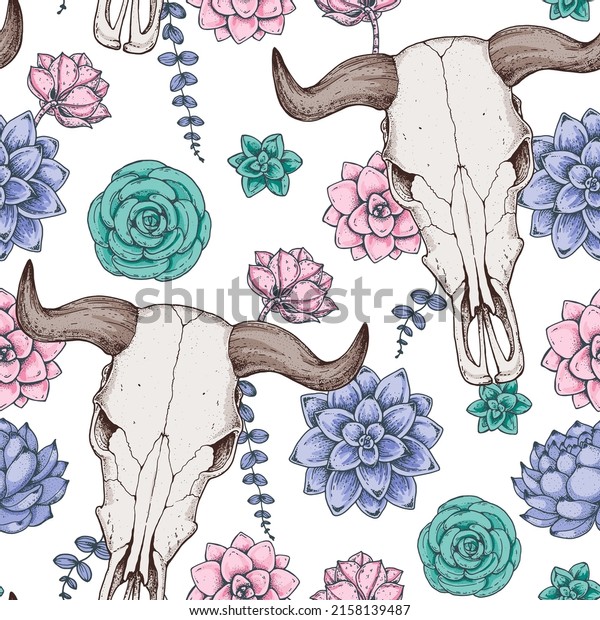 Buffalo Skull and flowers hand\
drawn illustration. Seamless pattern. Wild west print. Vector\
illustration. Tattoo vintage print. Buffalo Skull and floral\
bouquet.