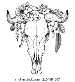 Buffalo Skull and flowers sketch. Hand drawn illustration. Wild west print. Vector illustration. Tattoo vintage print. Buffalo Skull and floral bouquet. T-shirt design.