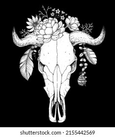 Buffalo Skull and flowers sketch. Hand drawn illustration. Wild west print. Vector illustration. Tattoo vintage print. Buffalo Skull and floral bouquet. T-shirt design.