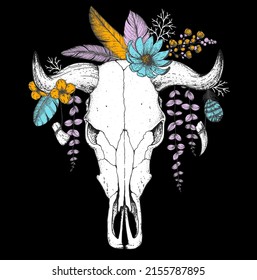 Buffalo Skull and flowers sketch. Hand drawn illustration. Wild west print. Vector illustration. Tattoo vintage print. Buffalo Skull and floral bouquet. T-shirt design.