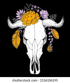 Buffalo Skull and flowers sketch. Hand drawn illustration. Wild west print. Vector illustration. Tattoo vintage print. Buffalo Skull and floral bouquet. T-shirt design.
