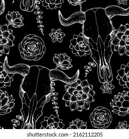 Buffalo Skull and flowers sketch. Seamless pattern. Hand drawn illustration. Wild west print. Vector illustration. Tattoo vintage print. Buffalo Skull and succulent bouquet.