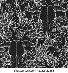 Buffalo Skull and flowers sketch. Seamless pattern. Hand drawn illustration. Wild west print. Vector illustration. Tattoo vintage print. Buffalo Skull and succulent bouquet.
