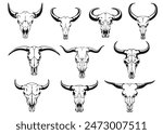 Buffalo skull hand drawn black silhouette cow head bone with horns set vector flat illustration. Cattle skeleton dead wild bull sheep goat mammal farm animal western minimalist tattoo sketch