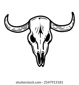 Buffalo skull hand drawn doodle. Animal skeleton bull. Wild west symbol. Head bones with horns. Cowboy life. Western. Vector line art illustration.