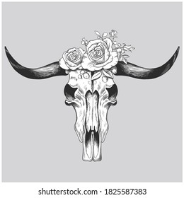 Buffalo skull with horns and rose elements , decorated with flowers. Vector illustration on white background. For cards, posters, decor, t shirt design, logo tattoo illustration.