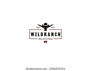 Büffelschädel Longhorn Western Vintage Badge Logo Design. Retro-Bullenschädel. Cowboy natives amerikanisches Emblem Logo, Vektorgrafik. 