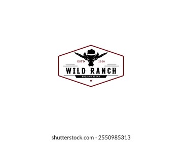 buffalo skull longhorn western vintage badge logo design. retro bull skull illustration. cowboy native american emblem vector illustration