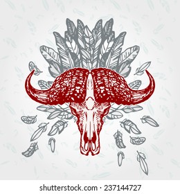 buffalo skull on a plumage background. Contains transparent objects