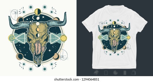 Buffalo skull. Print for t-shirts and another, trendy apparel design. Native American bull skull symbol of secret knowledge. Shamanism. Soul of prairies 