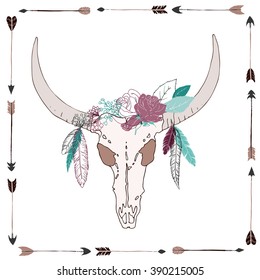 Buffalo skull with roses and feathers card