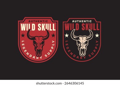 buffalo skull vintage badge logo set. wild bull emblem in retro western style. cowboy skull illustration patch for wildlife, adventure, outdoor, motorcycle clubs branding, signage and packaging.