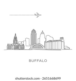 Buffalo Skyline Line Art com Avião, Viagem e Mínimo.