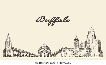 Buffalo skyline, New York, USA, hand drawn vector illustration, sketch