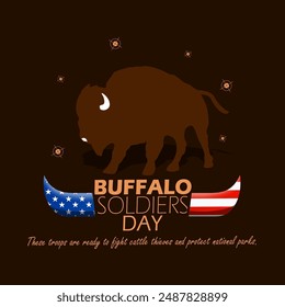 In: Buffalo Soldiers Day Event Banner. Ein Büffel mit fett gedrucktem Text und Hörnern, der die amerikanische Flagge auf dunkelbraunem Hintergrund darstellt, um am 28. Juli zu erinnern