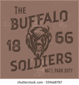 The Buffalo Soldiers Historic National Vintage Americana Style T shirt Print. Retro Textured Hand Lettering Apparel Graphics Design. Vector Illustration