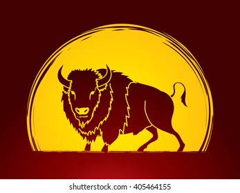 Buffalo standing designed on moonlight background graphic vector.