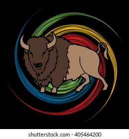 Buffalo standing designed on spin wheel background graphic vector.