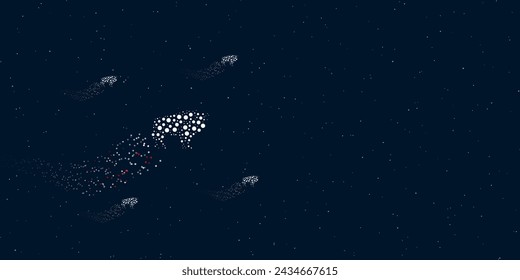 A buffalo symbol filled with dots flies through the stars leaving a trail behind. Four small symbols around. Empty space for text on the right. Vector illustration on dark blue background with stars