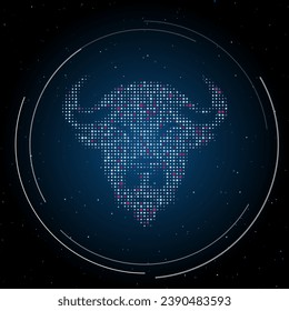 The buffalo symbol filled with white dots. Pointillism style. Some dots is pink. Vector illustration on blue background with stars